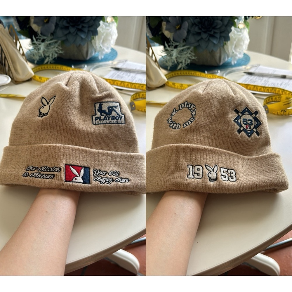 Pacsun Playboy beanie hat, beige color, 2 sides